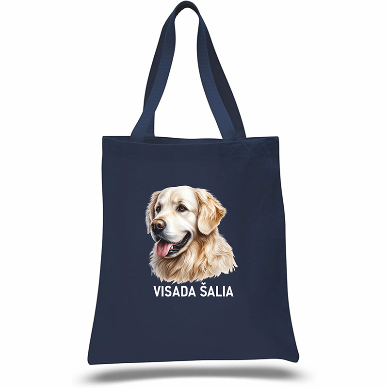 Navy blue tote bag with a dog illustration and text on a white background, Golden Retriever