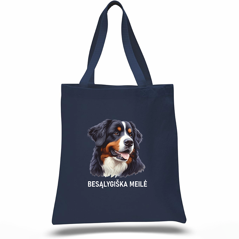 Navy blue tote bag with a dog illustration and text on a white background, Berner Sennenhund