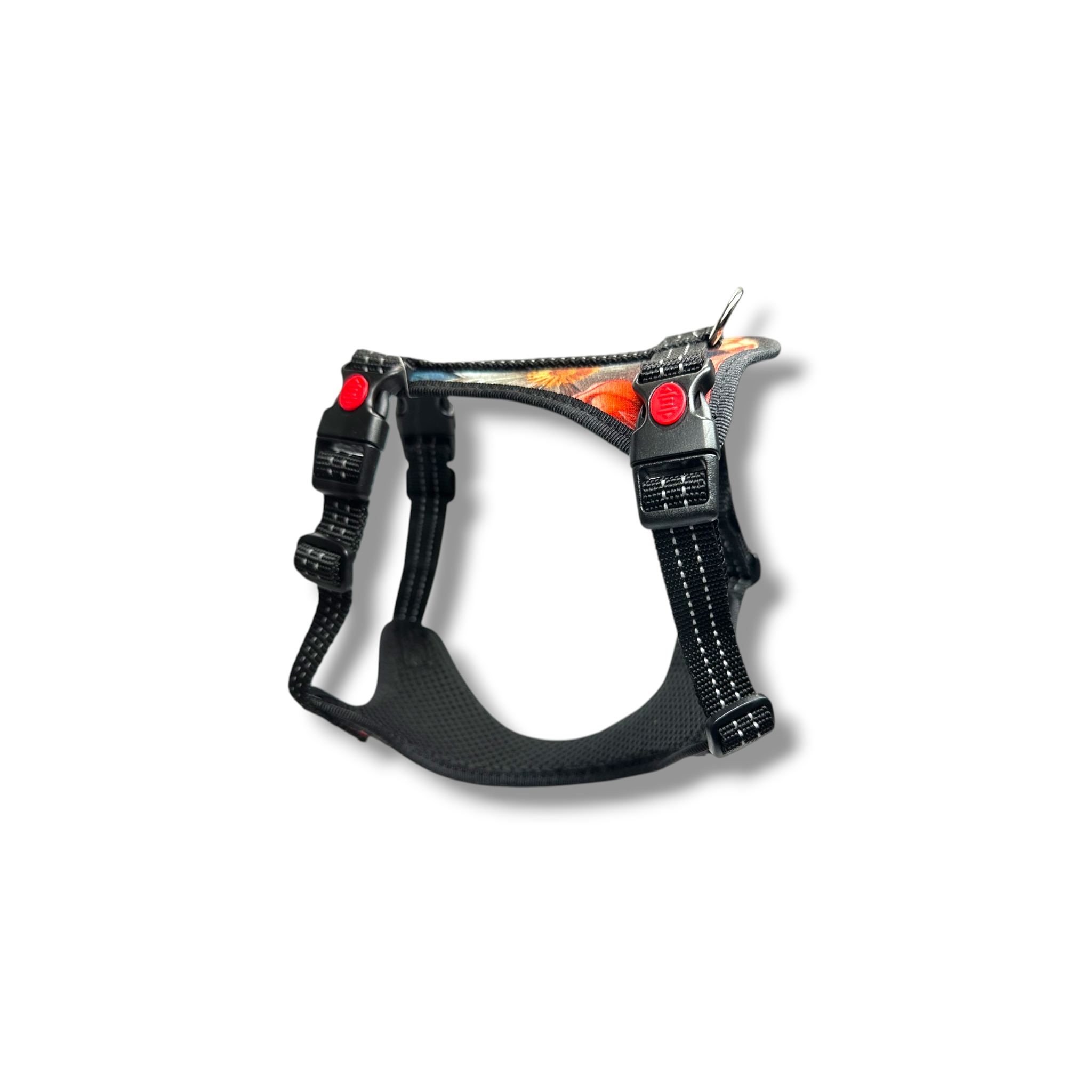 Black dog harness with reflective elements on a white background