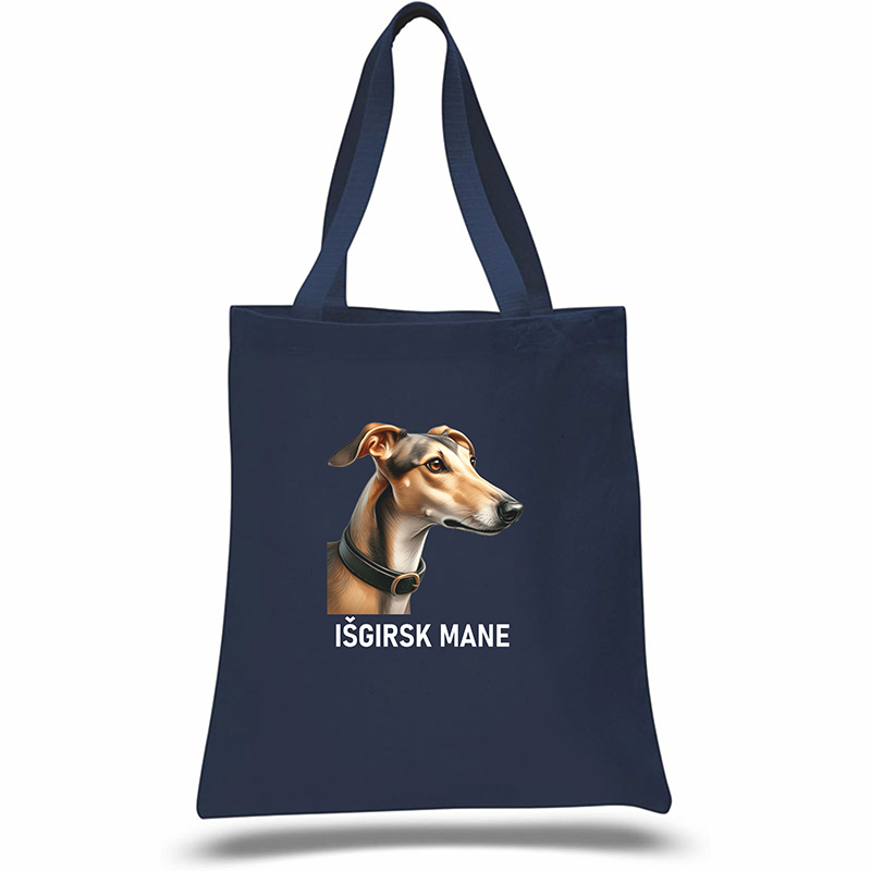 Navy tote bag with a dog illustration and text on a white background, Levret