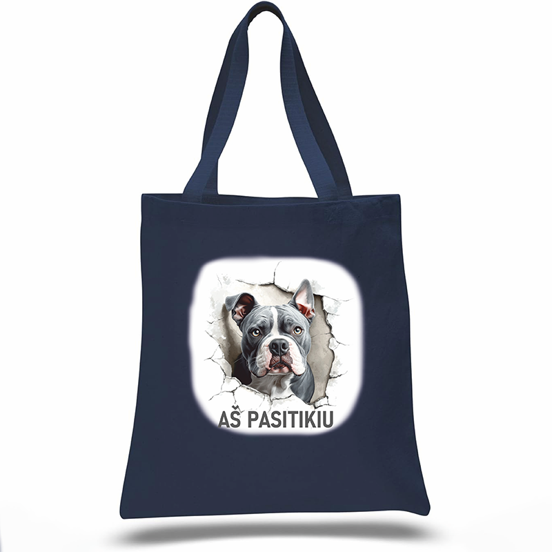 Navy blue tote bag with a dog graphic and text on a white background, Pitbullterrier