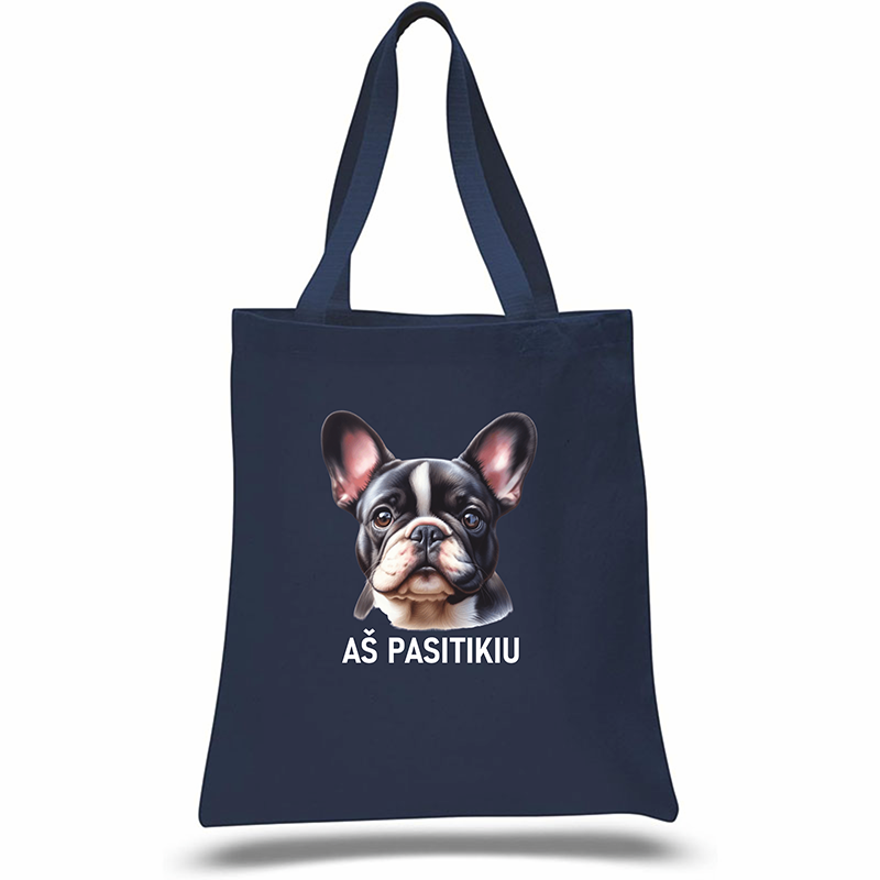 Navy tote bag with a dog illustration and text on a white background, French Bulldog