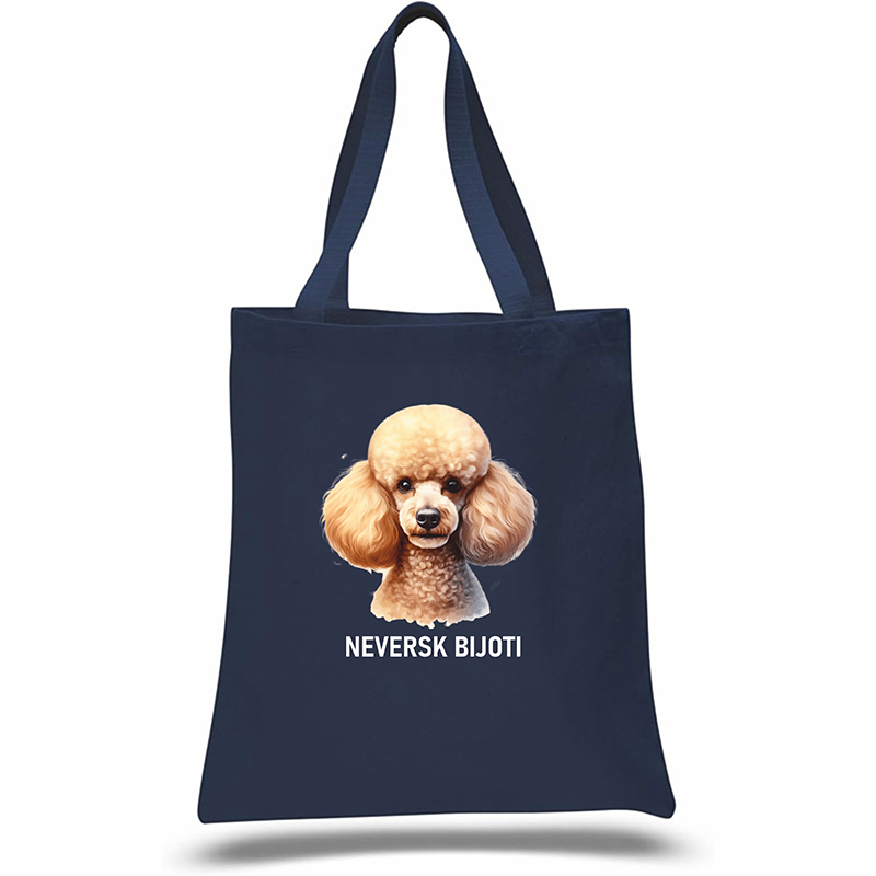 Navy blue tote bag with a poodle graphic and 'NEVERSK BIJOTI' text on a white background, Poodle