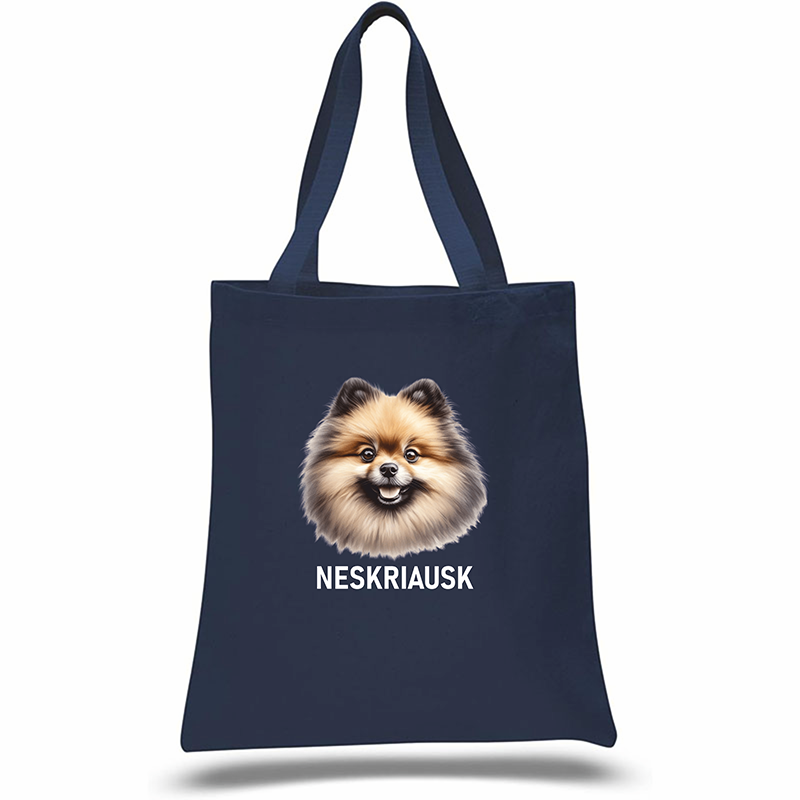 Navy blue tote bag with a dog illustration and 'NESKRIAUK' text on a white background, Spitz