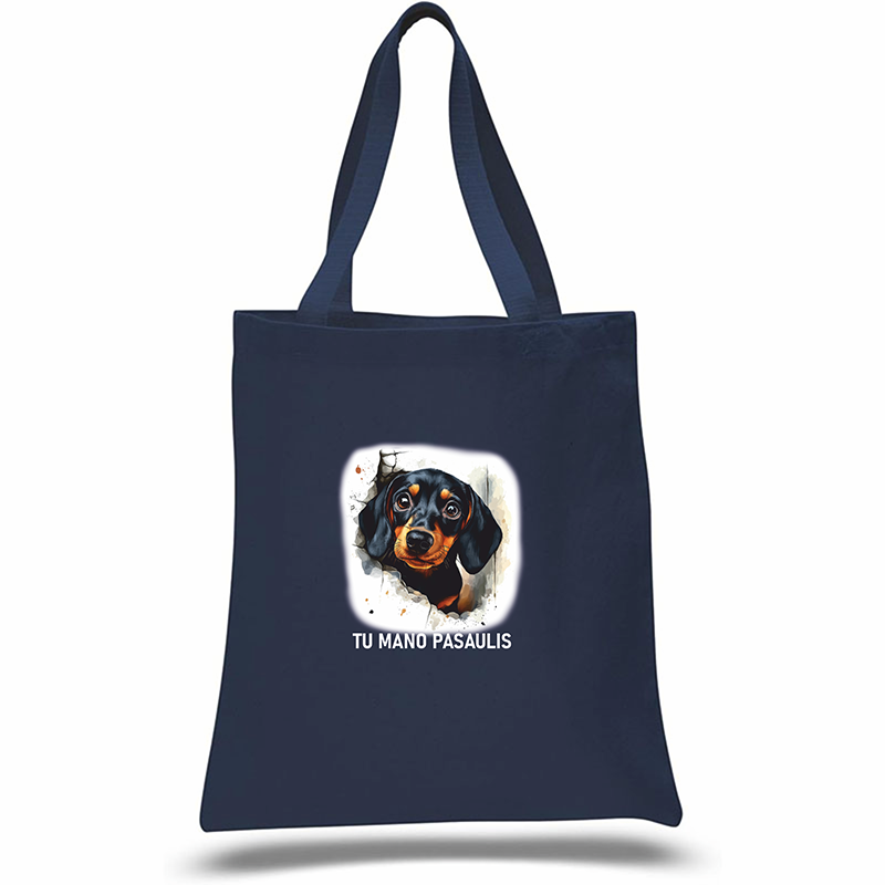 Navy blue tote bag with a dog illustration and text on a white background, Dachshund