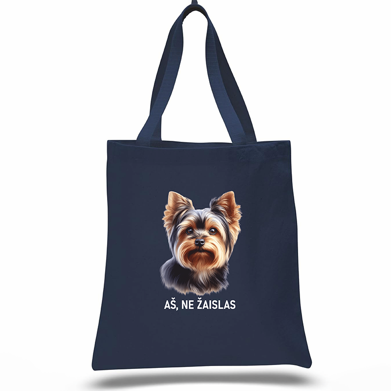 Navy blue tote bag with a dog illustration and text on a white background, Yorkshire Terrier