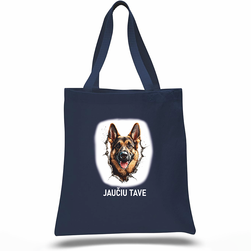 Cotton shopping bag in dark blue with a picture of a German Shepherd