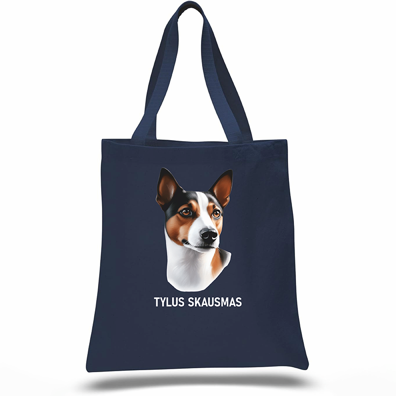 Navy tote bag with a dog illustration and text on a white background