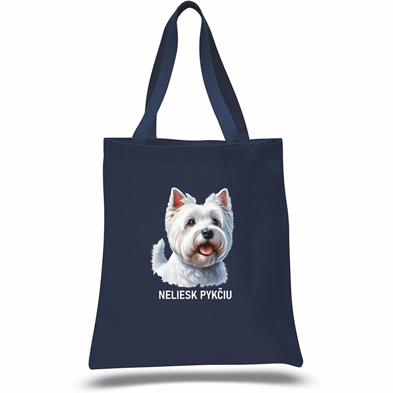 Navy tote bag with a dog illustration and text on a white background, Scottish Terrier