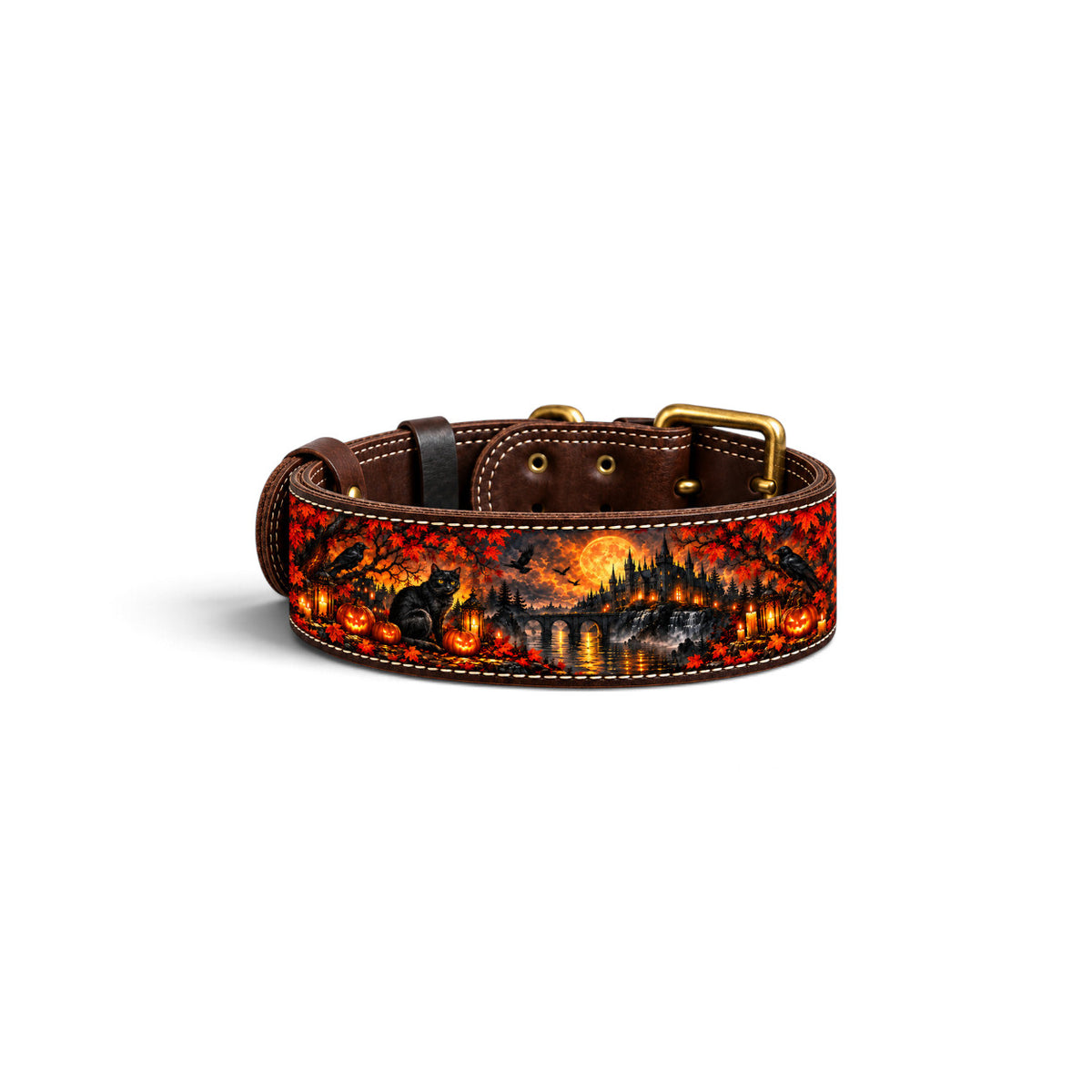 A brown leather dog collar with a gold buckle, featuring a detailed printed design of a wolf, a dog, and a fiery sunset landscape on the front strap.