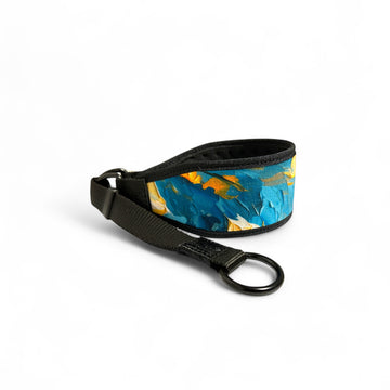 Dog collar with blue and yellow abstract design on a white background