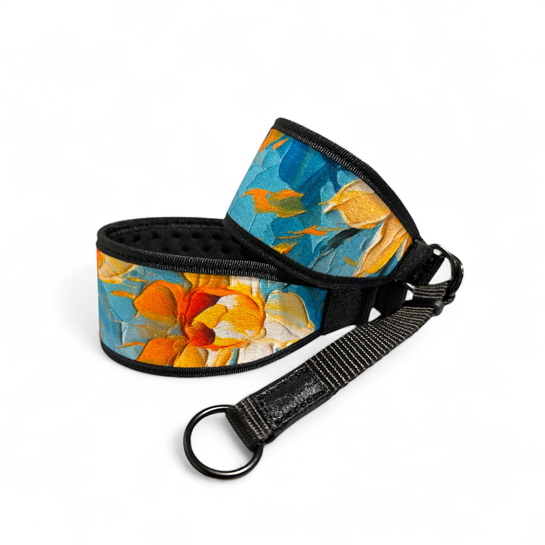 Dog collar with blue and yellow abstract design on a white background