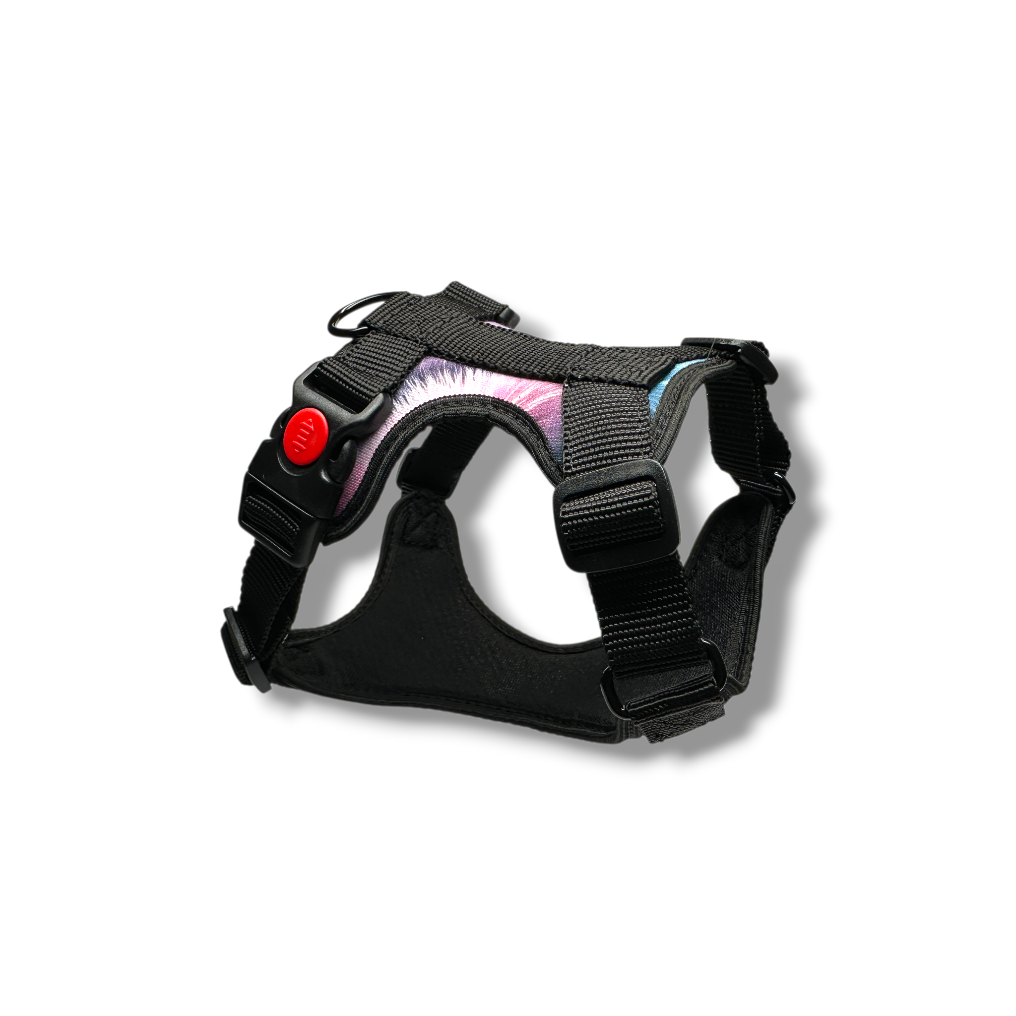 Black dog harness with a red button on a white background