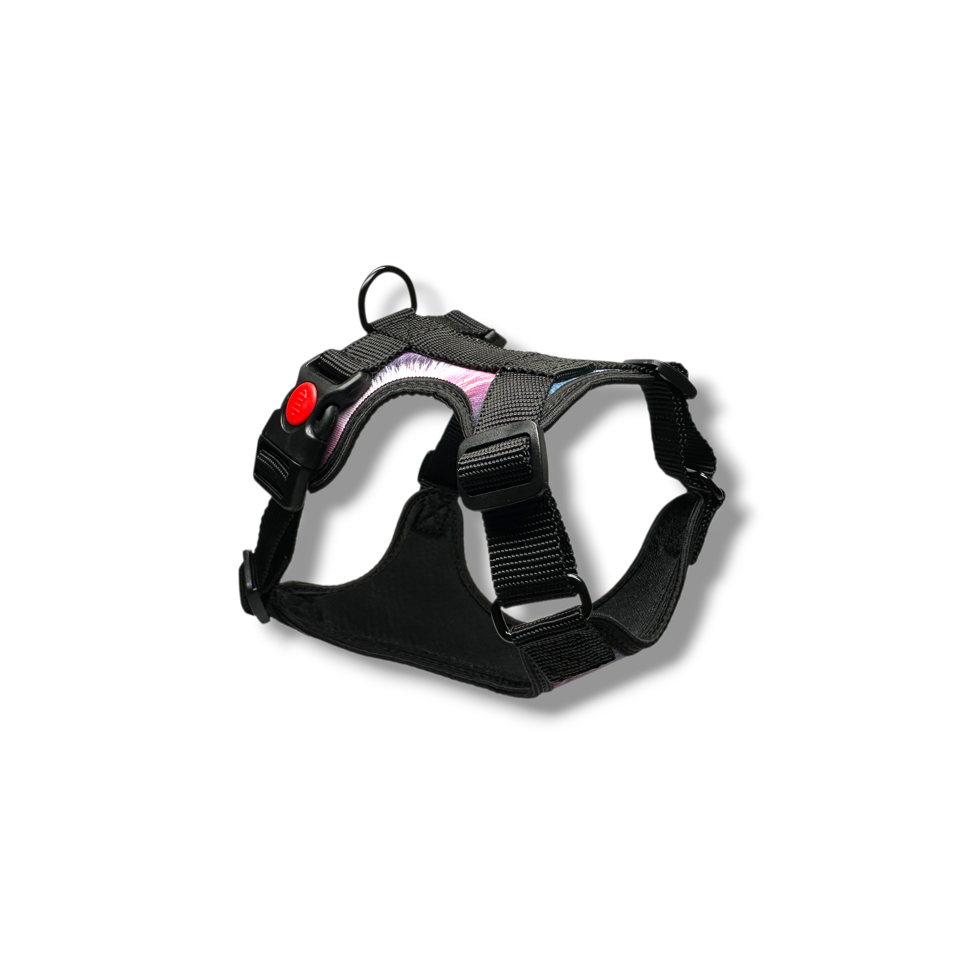 Black dog harness with a red button on a white background