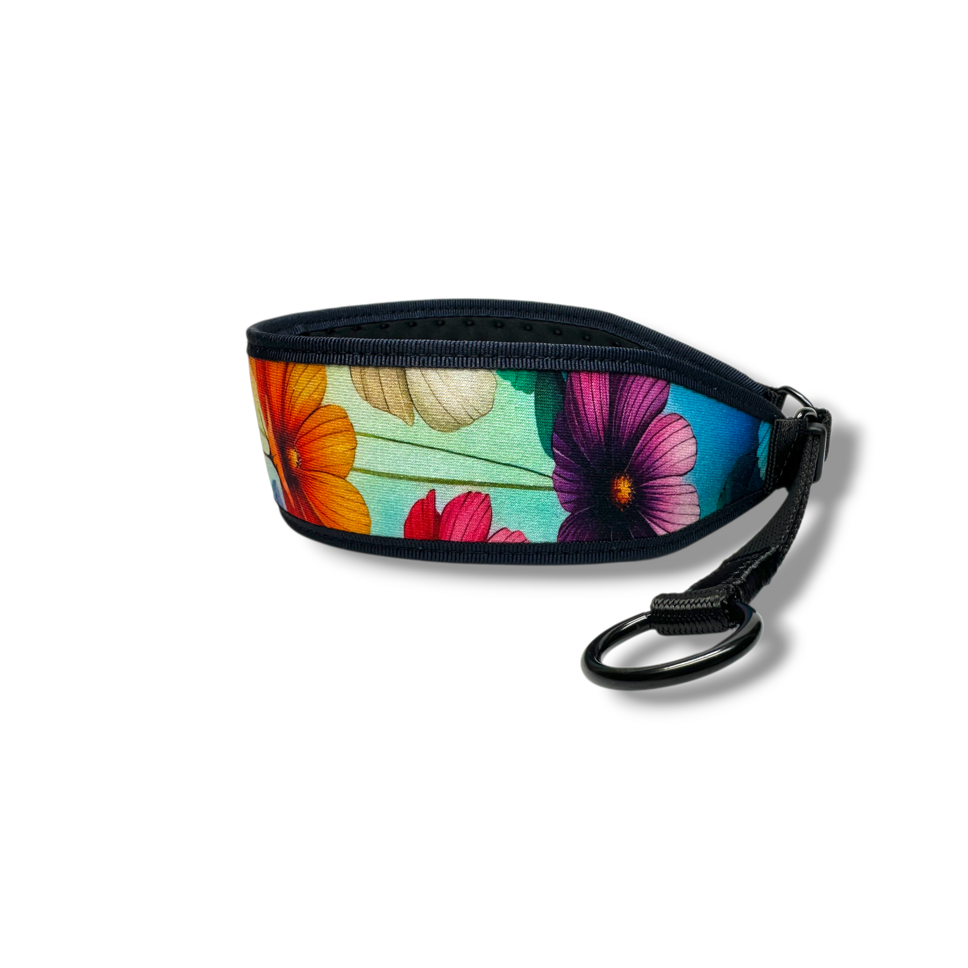 Floral-patterned wristlet with a carabiner on a white background