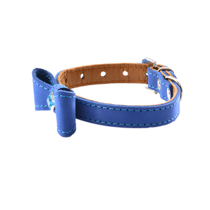 Blue Nubuck Leather Collar with a bow tie