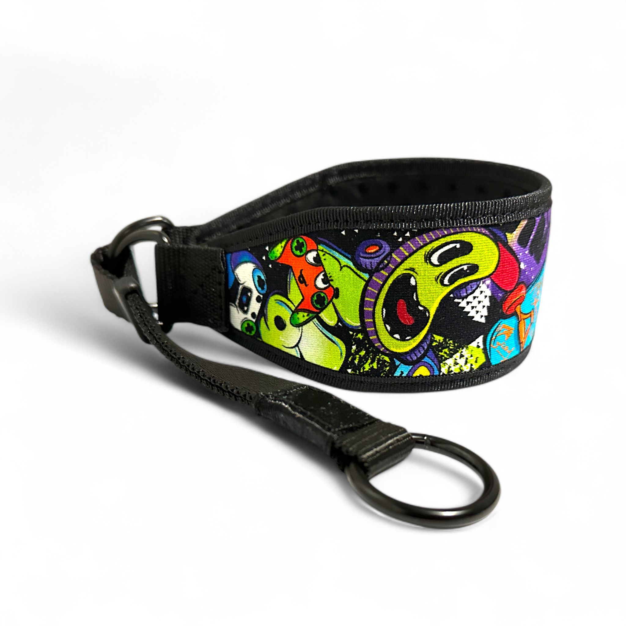 Neoprene strap with colorful alien design on a white background