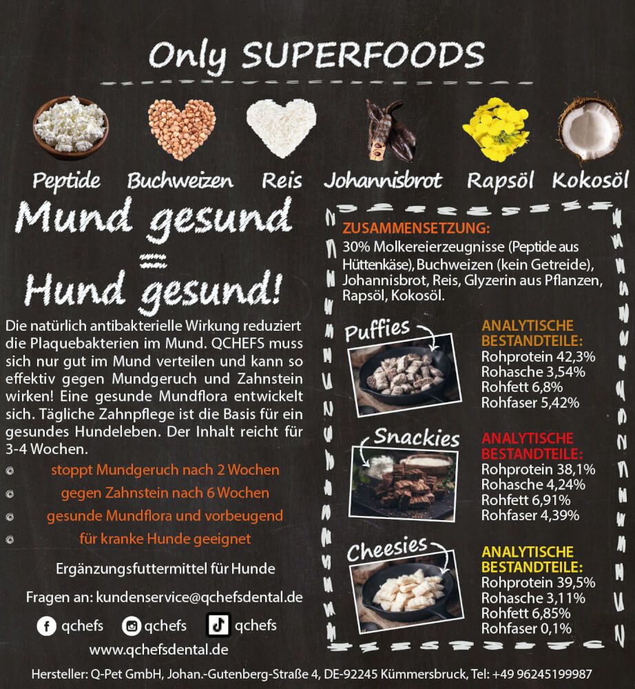 Product advertisement for 'Only Superfoods' dog food with images and text on a black background