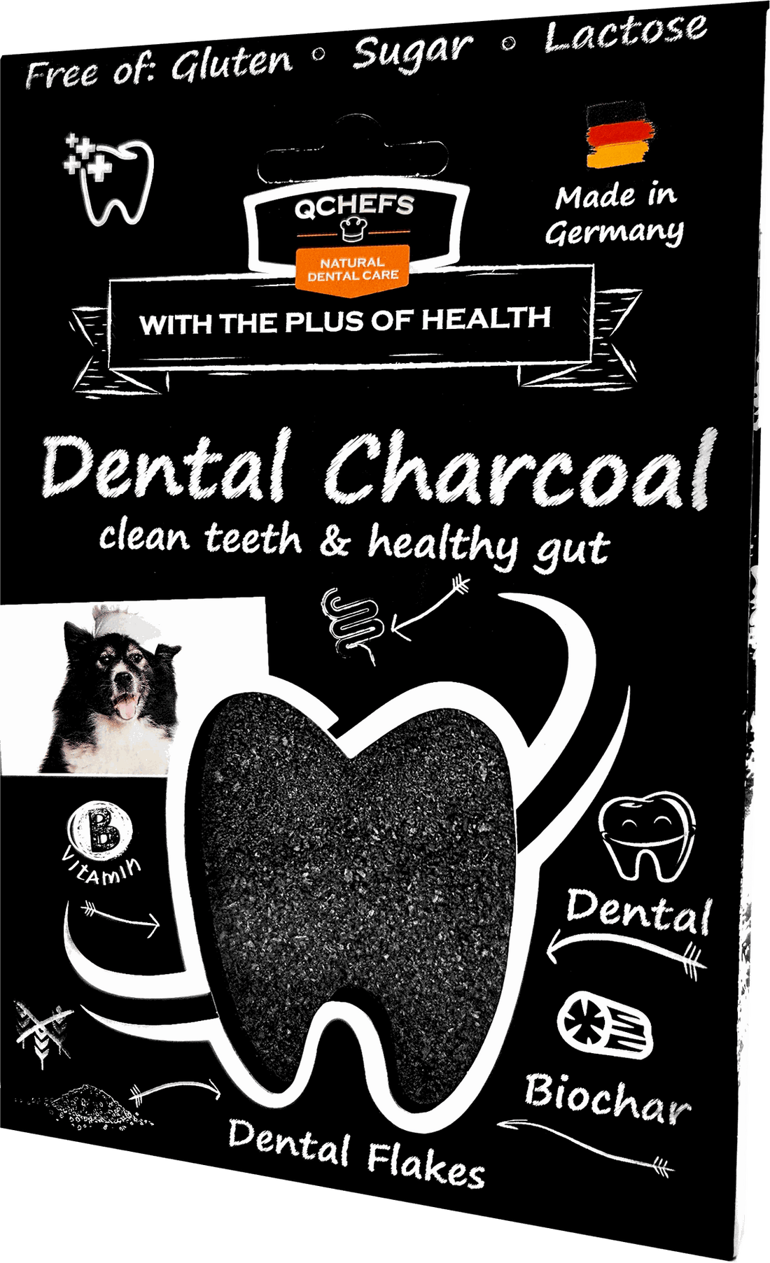 Dog dental care product packaging with text about gluten, sugar, lactose, and health benefits.