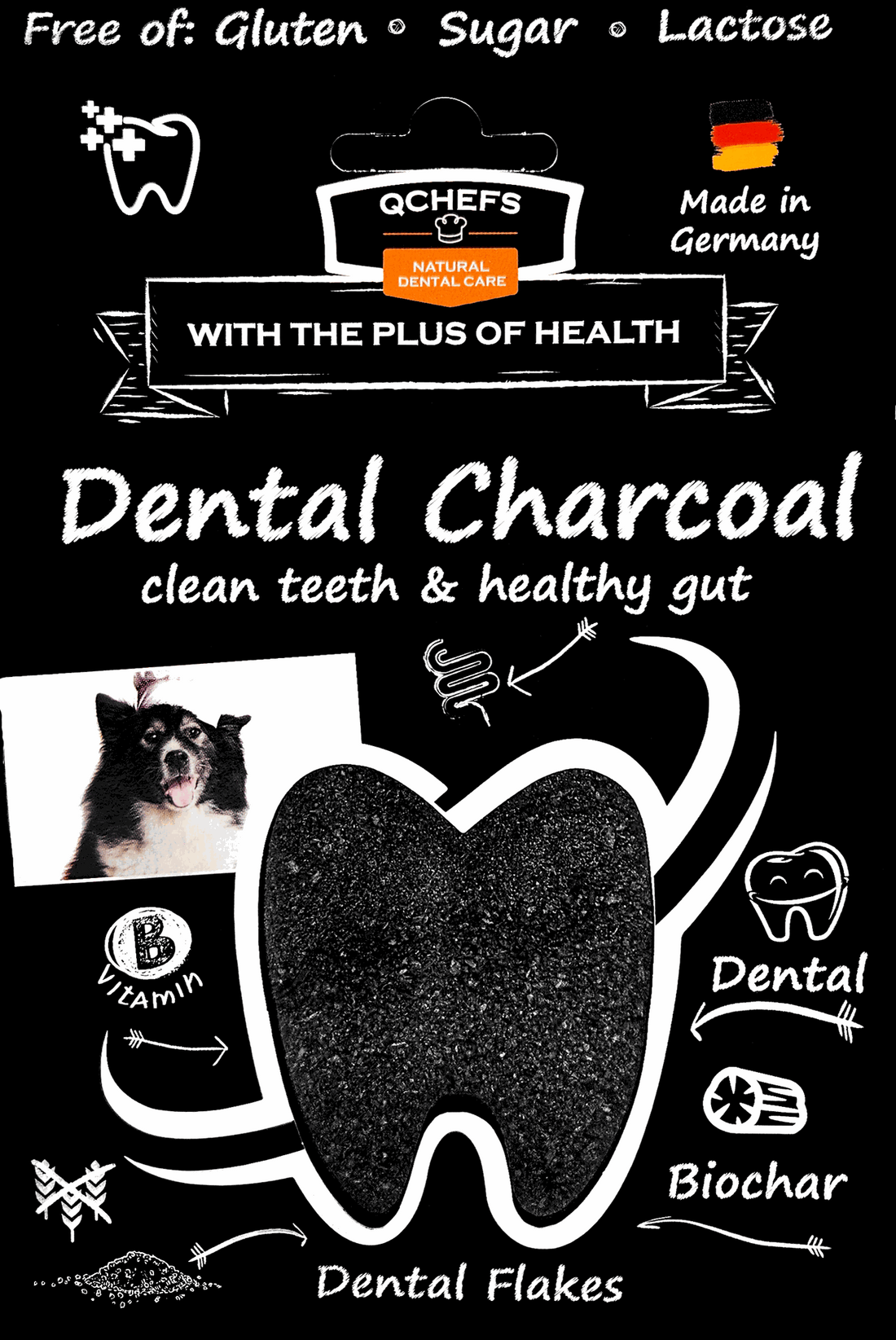 Dog dental care product packaging with text about gluten, sugar, lactose, and health benefits.