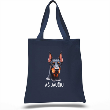 Navy blue tote bag with a dog doberman
 illustration and text on a white background