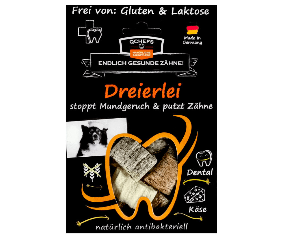 Dog treat package with text about dental health and German branding