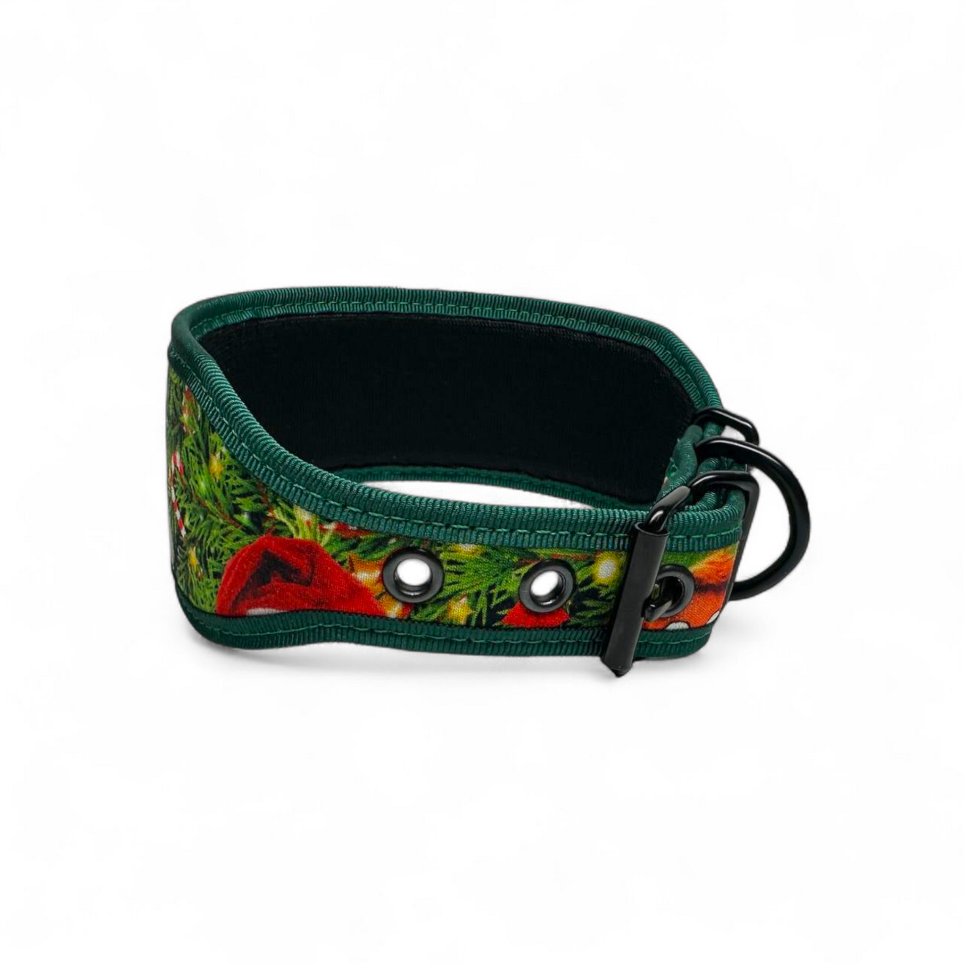 Green dog collar with floral pattern on a white background