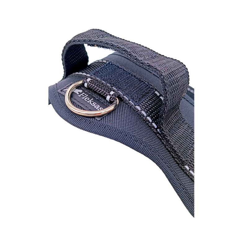 Black dog harness with a metal clip on a white background