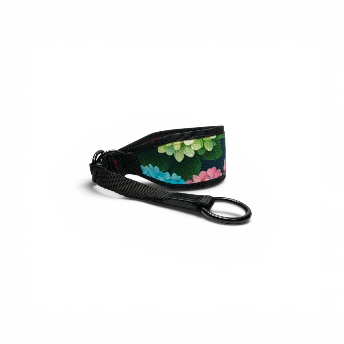 Hydrangea martingale dog collar with a colourful floral print and black metal control ring.