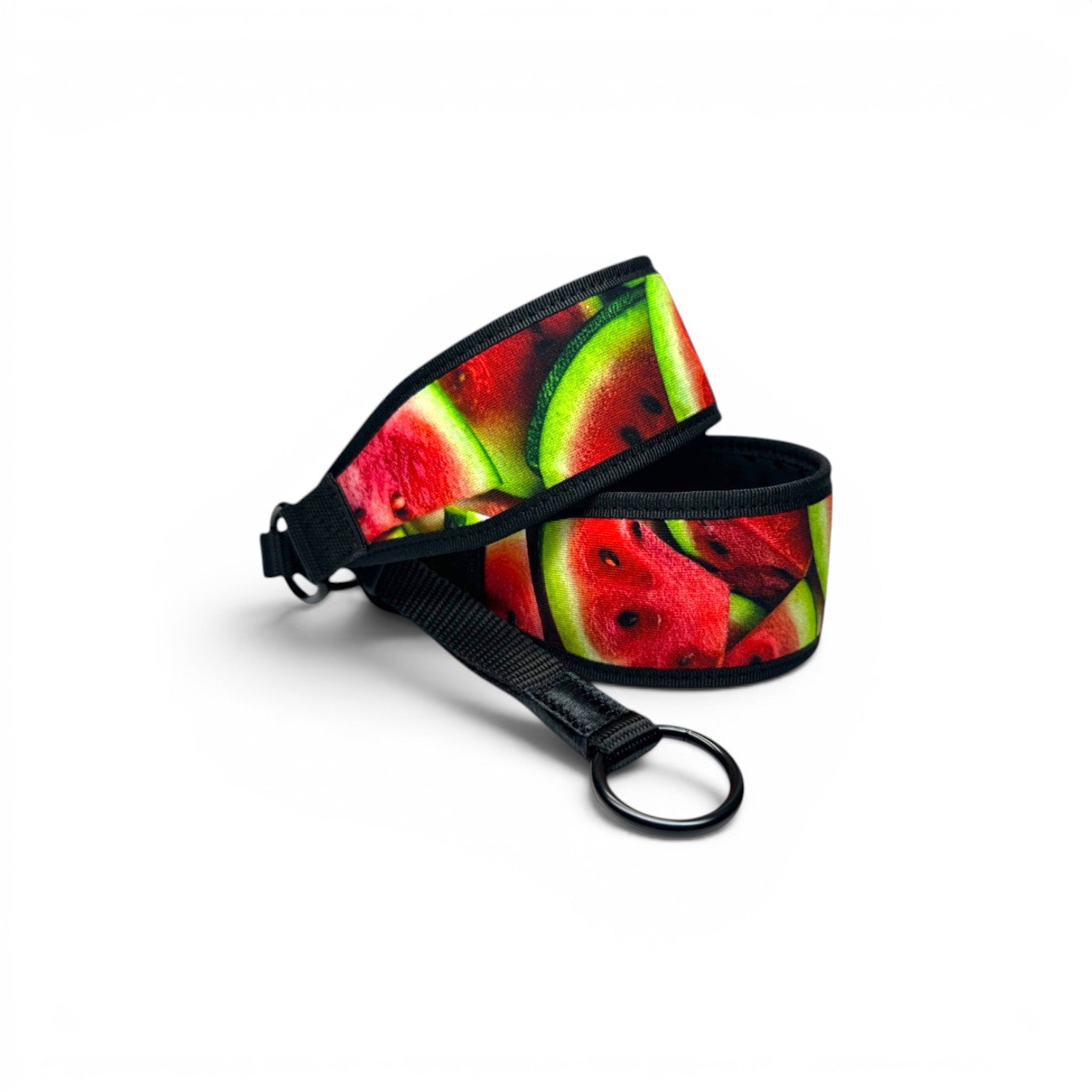 Close-up of Watermelon dog collar fabric, buckle and metal leash ring