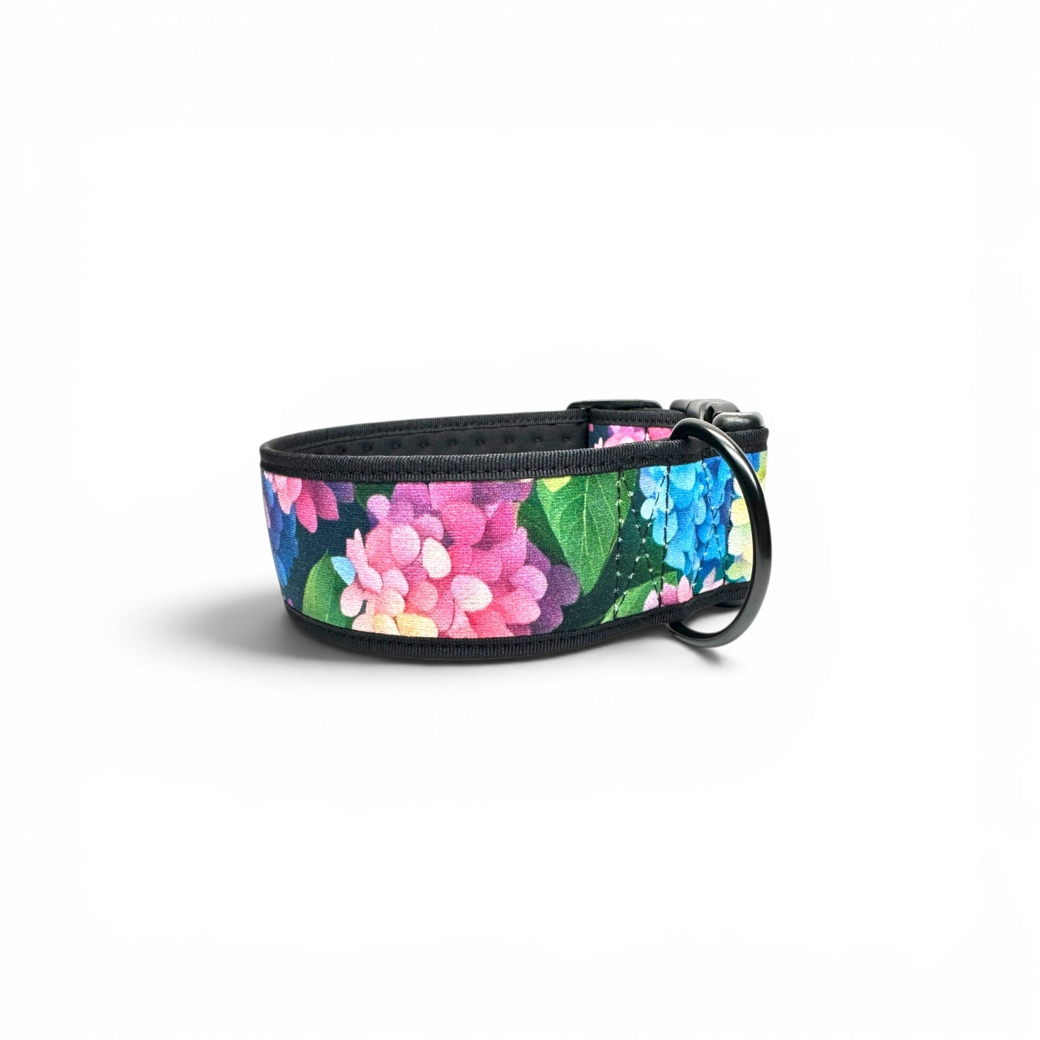 Hydrangea wide dog collar with a colourful floral strap, soft black lining and large metal D-ring.