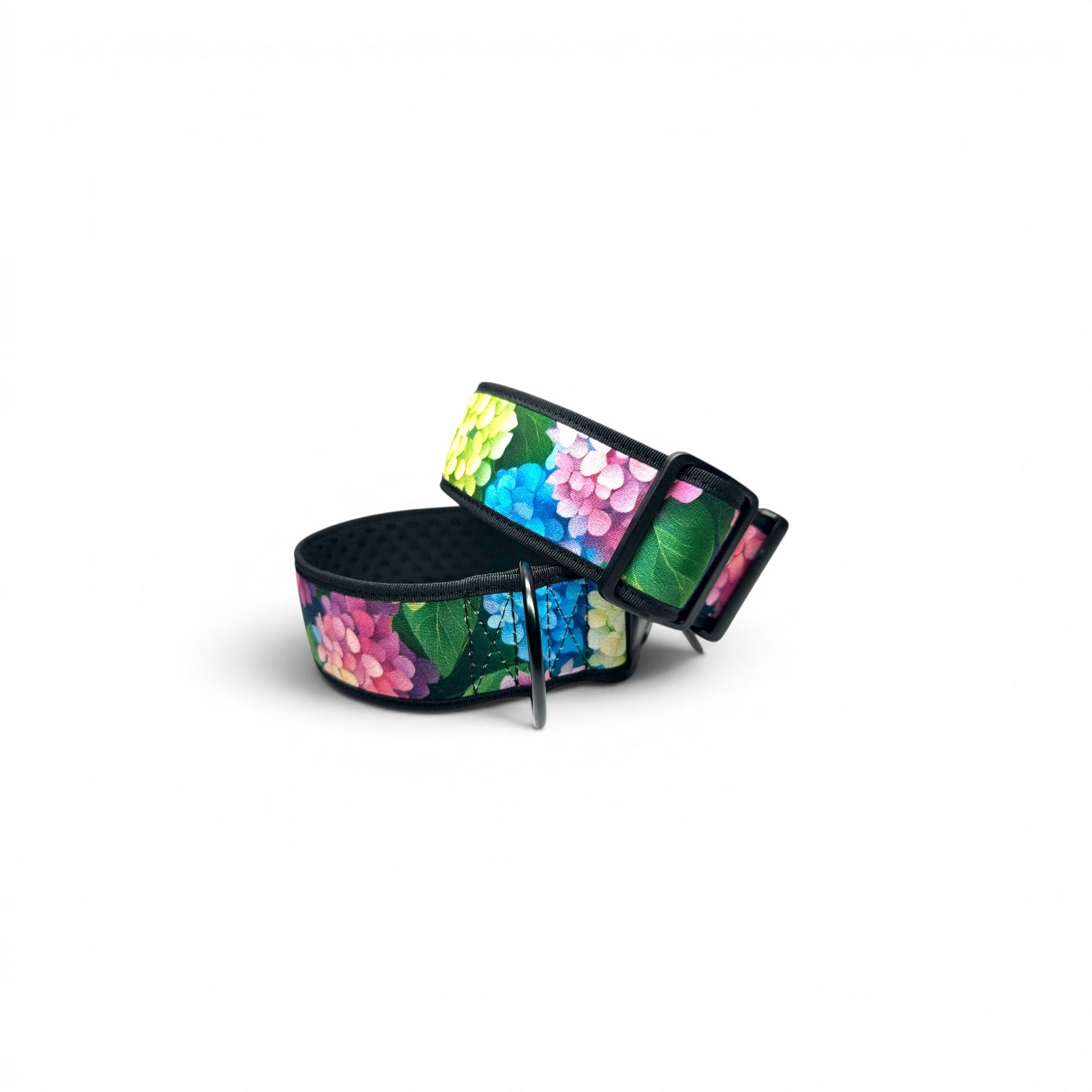 Open Hydrangea wide dog collar showing the floral outer fabric, black neoprene lining and metal D-ring.