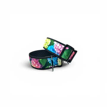 Open Hydrangea wide dog collar showing the floral outer fabric, black neoprene lining and metal D-ring.