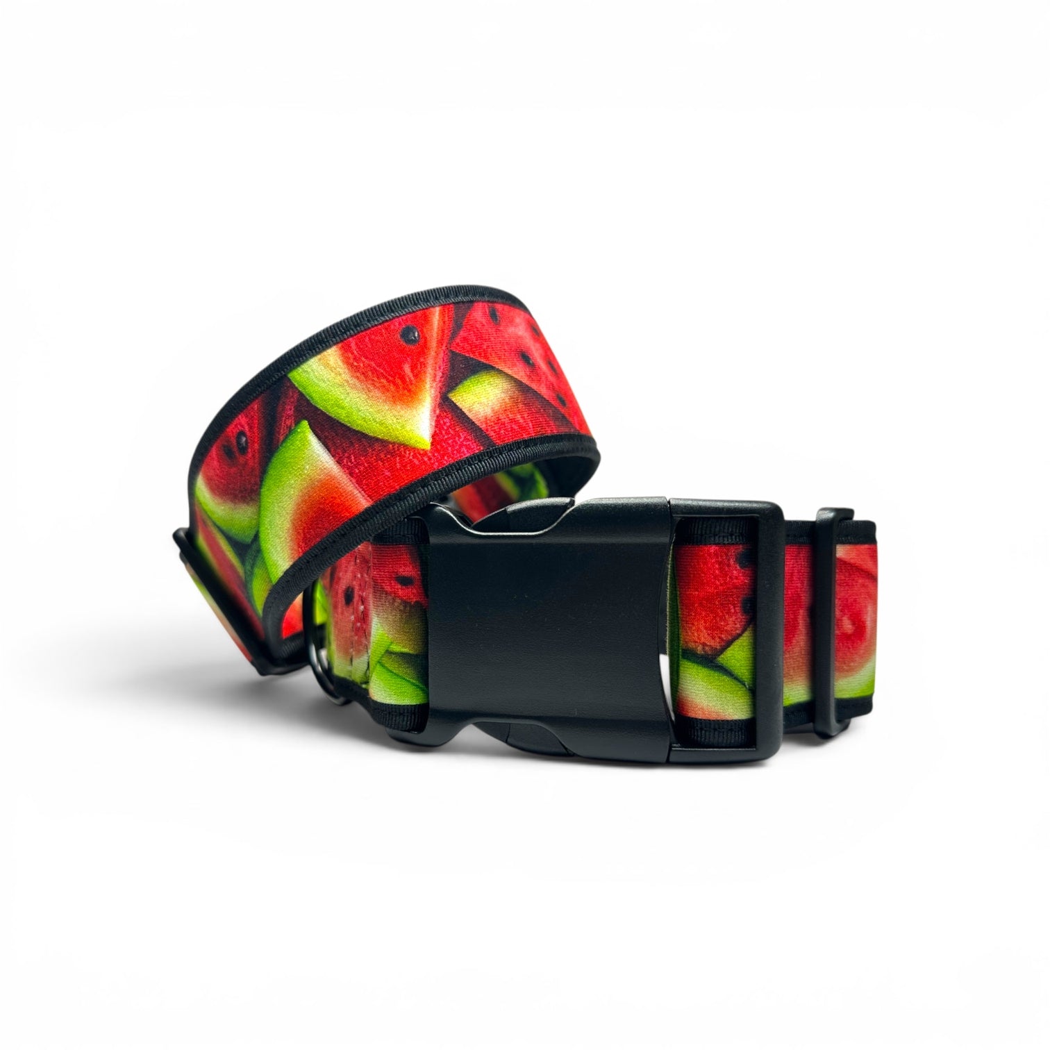 A black adjustable belt with a vibrant watermelon slice pattern on the strap, shown on a clean white background.