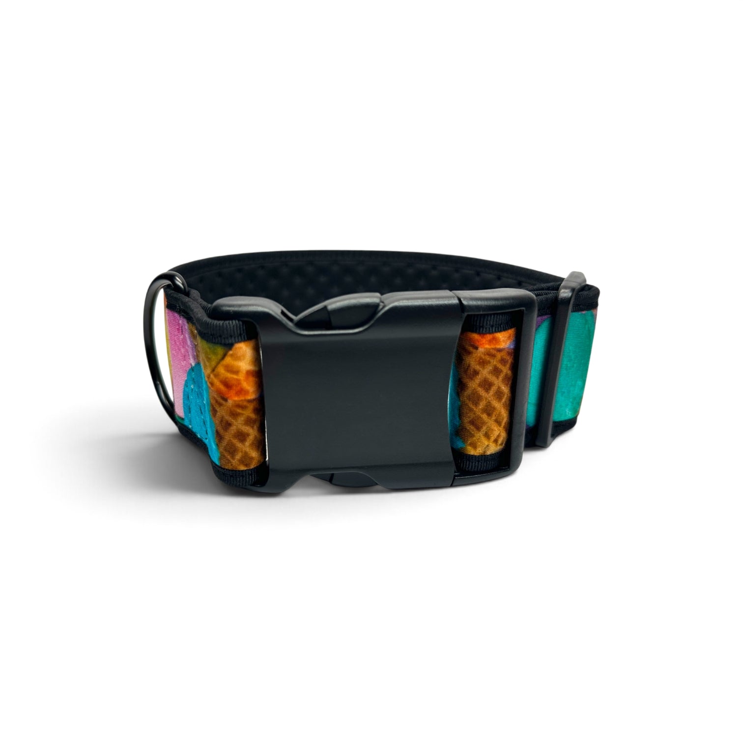 A black adjustable dog collar with a quick-release plastic buckle and colorful ice cream cone patterned panels on the sides, shown on a white background.