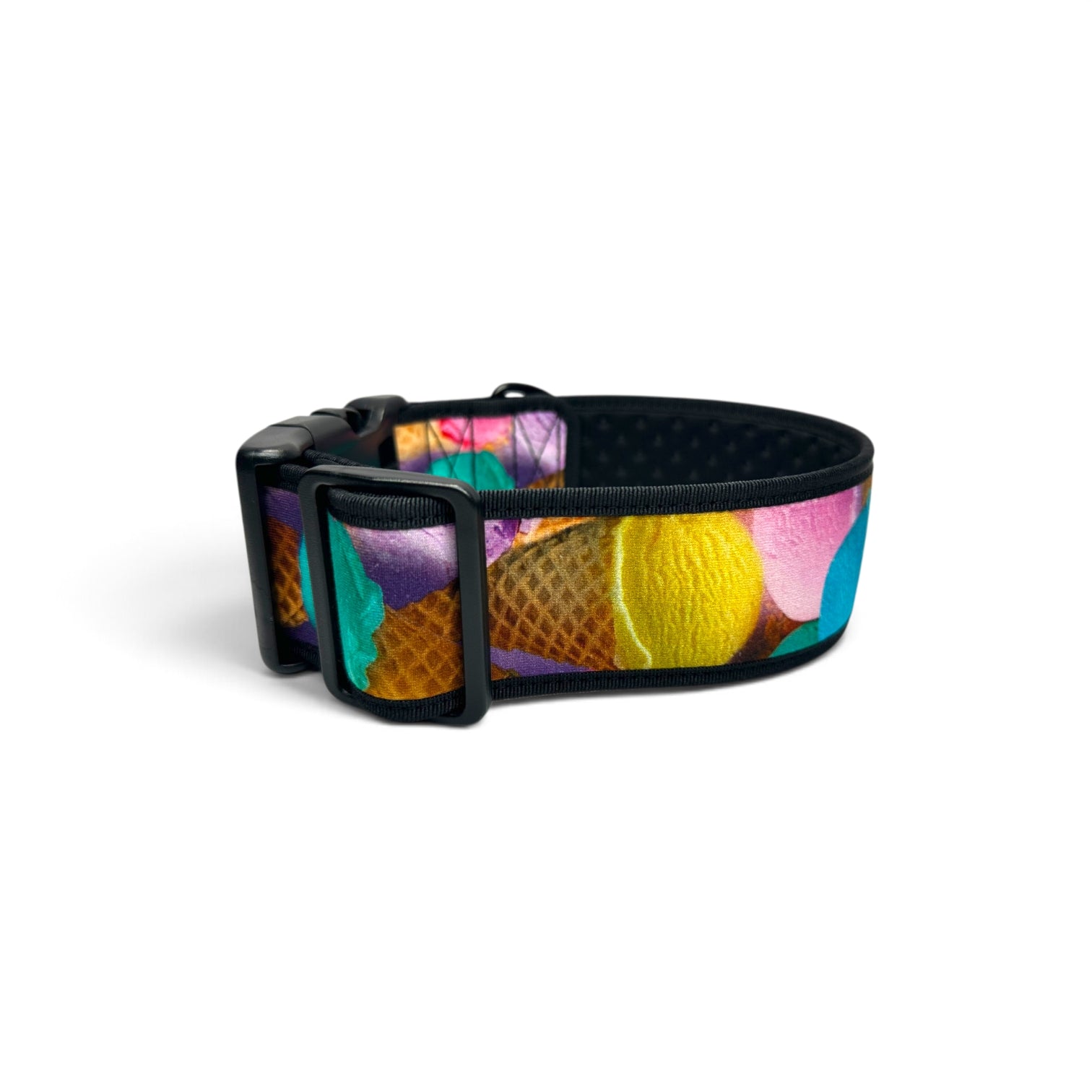 A black adjustable dog collar featuring a colorful ice cream cone and scoop pattern on the outer strap, shown against a plain white background.