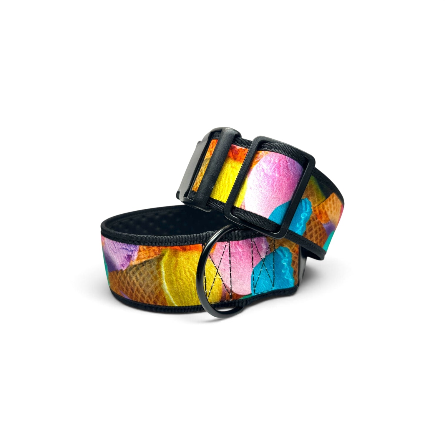 A coiled belt with a vibrant, multicolored ice cream cone pattern featuring yellow, pink, blue, and purple waffle cones, finished with black hardware.