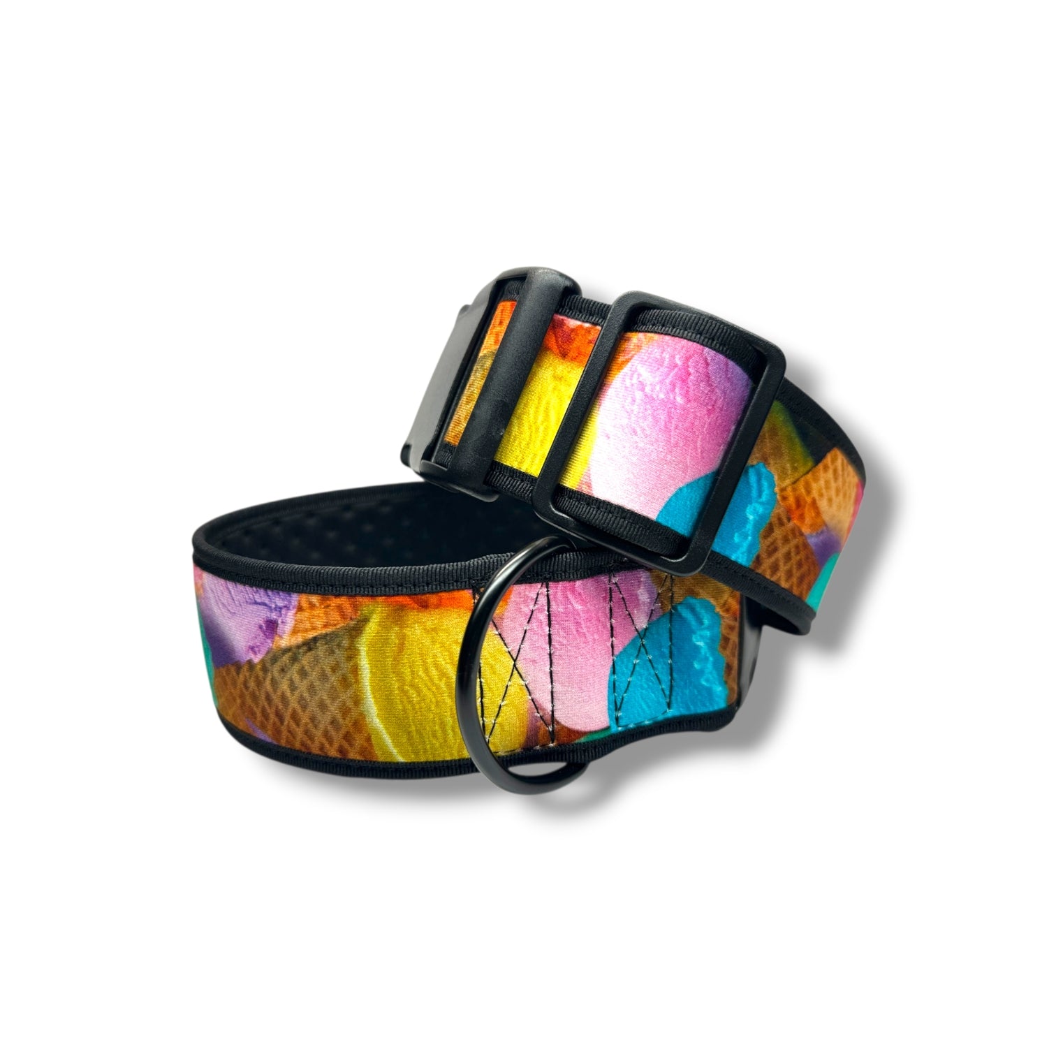 A black pet collar with a colorful ice cream cone pattern, featuring a black plastic buckle and a metal ring, shown on a white background.