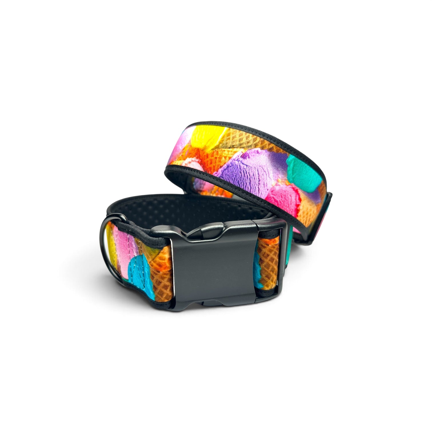 A black adjustable strap with a colorful ice cream scoop pattern, featuring a matte black quick-release buckle, shown on a white background.