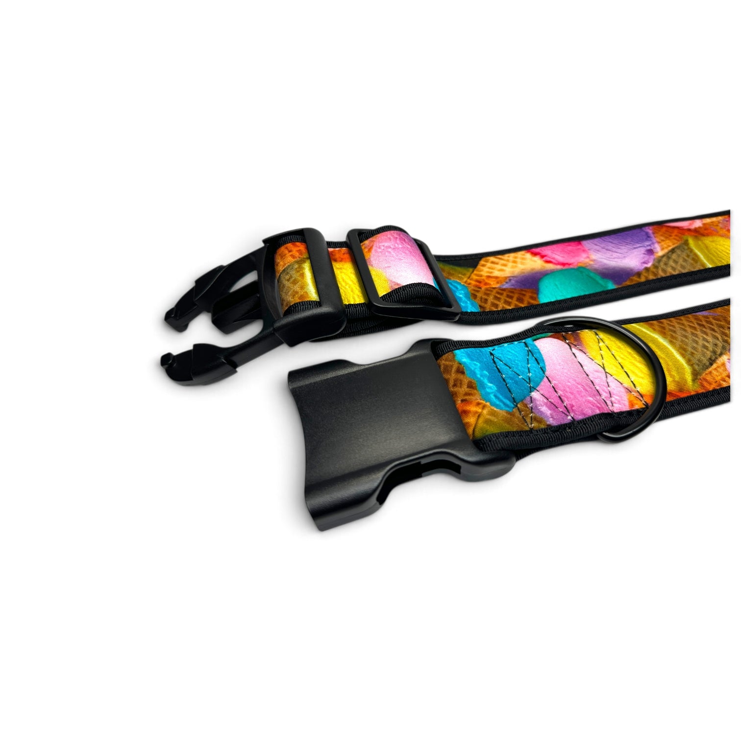 A dog collar with a colorful ice cream scoop pattern on a waffle cone background, featuring black plastic quick-release buckles, shown on a plain white background.