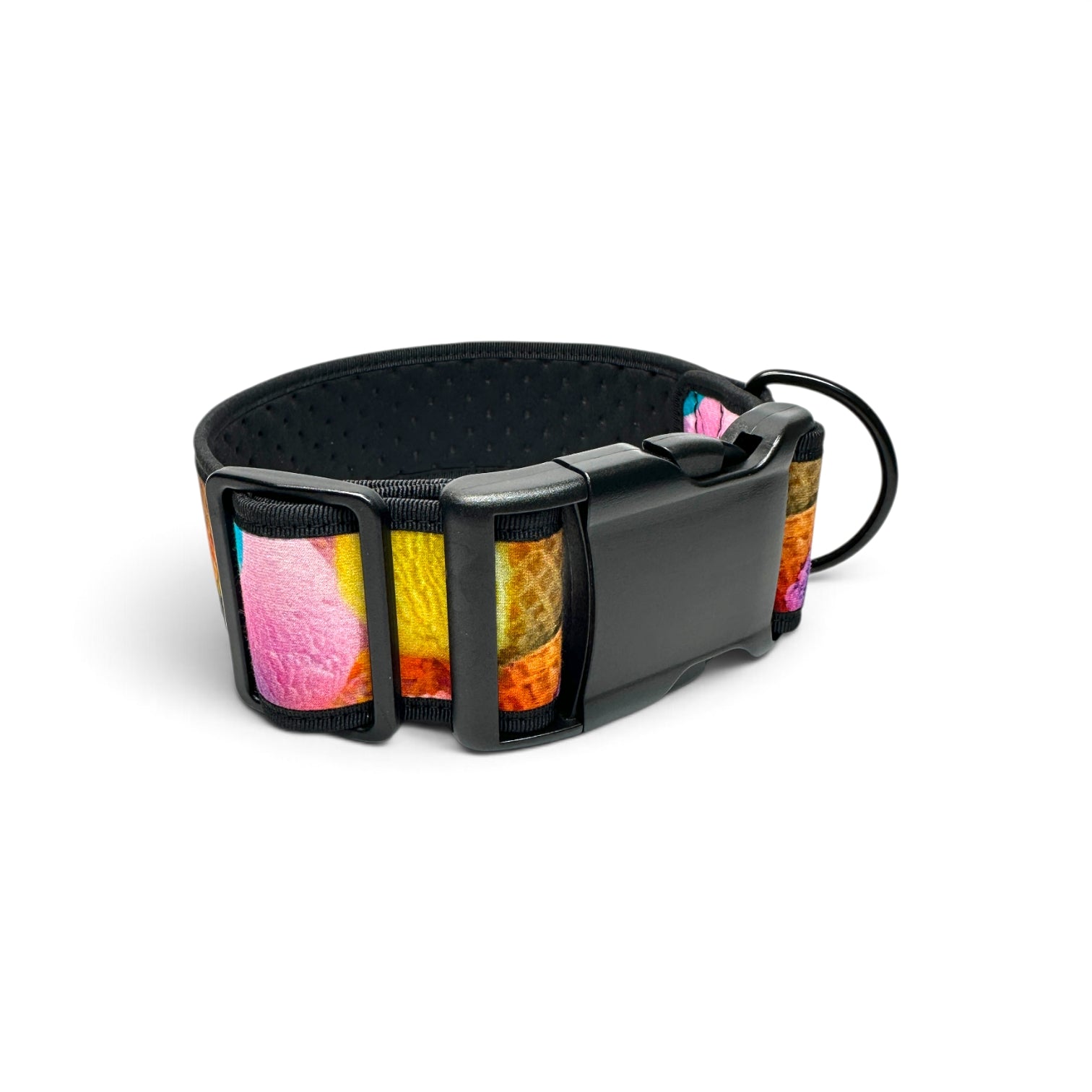 A black pet collar with a colorful ice cream cone pattern on the webbing and plastic buckle, shown on a white background.