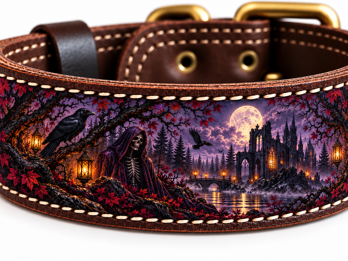 Close-up of THE FOREST SPIRIT collar artwork with a raven, hooded skeleton, lanterns and gothic castle, framed by cream stitching