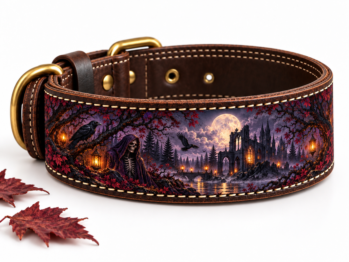 THE FOREST SPIRIT leather dog collar with gold-tone D-ring and mystical forest artwork, beside burgundy autumn leaves