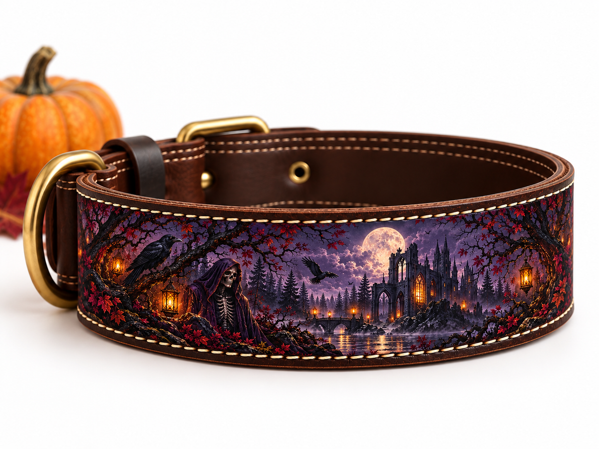 THE FOREST SPIRIT natural leather dog collar with moonlit forest artwork, shown beside a pumpkin on a white background