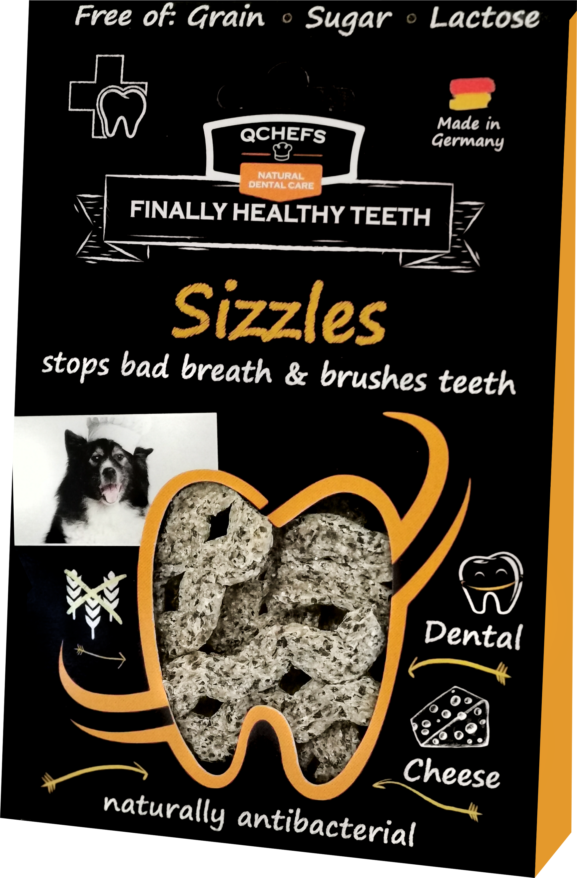 Dog treat packaging for dental health with text and images of a dog and teeth.