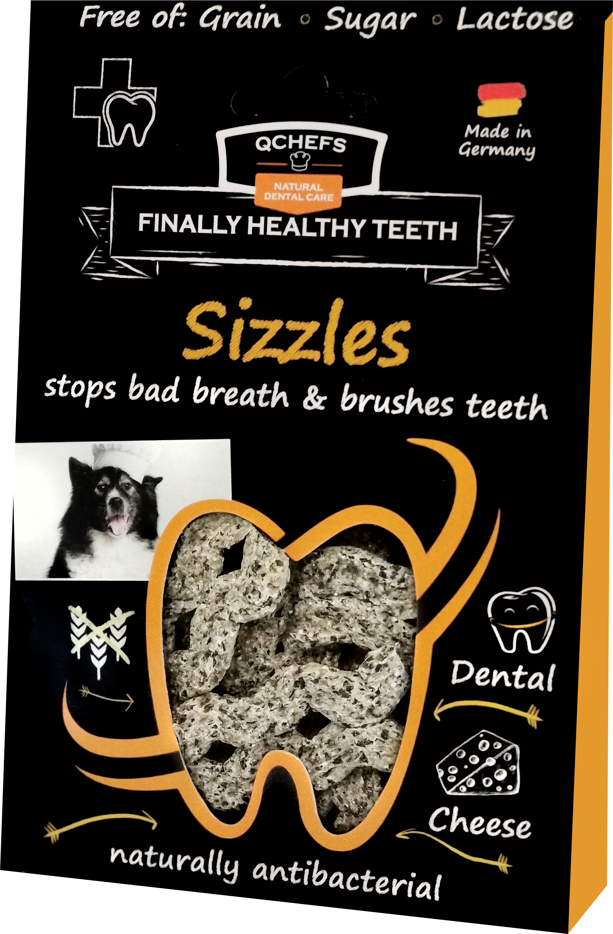 Dog treat packaging for dental health with text and images of a dog and teeth.