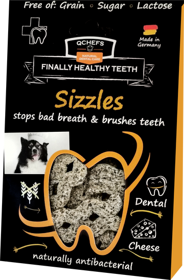 Dog treat packaging for dental health with text and images of a dog and teeth.