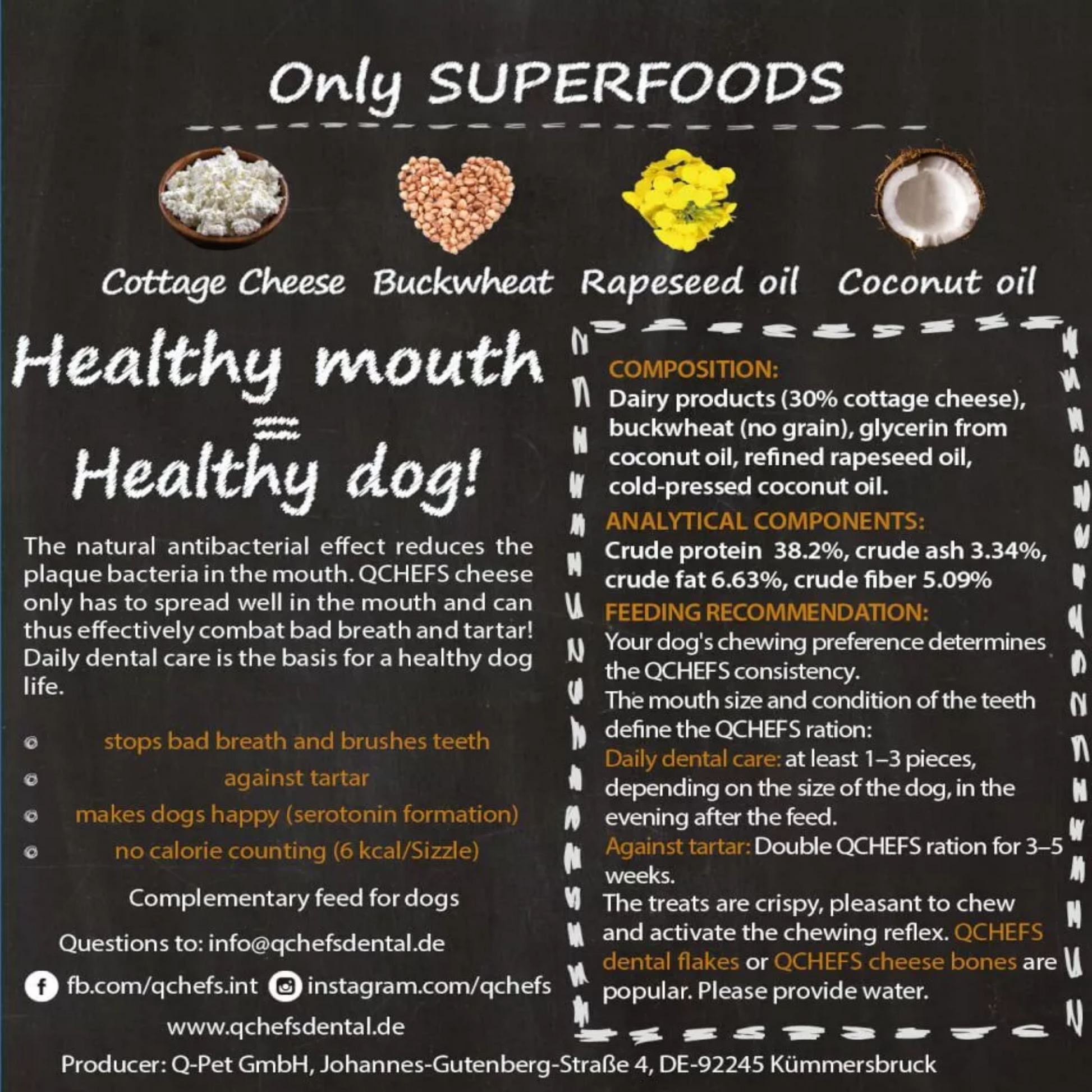 Product label for dog food with ingredients and health benefits on a black background