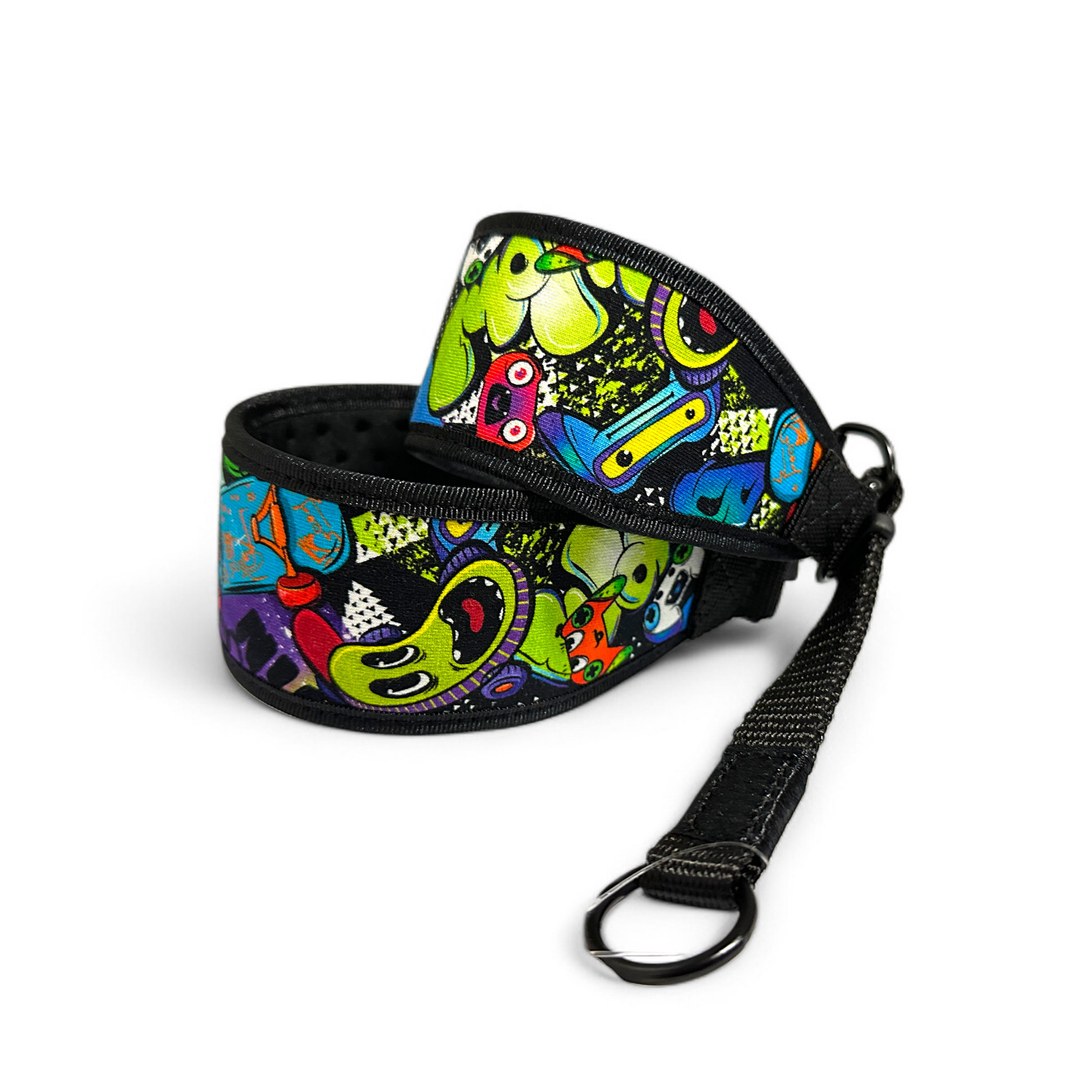 Colorful dog collar with abstract design on a white background